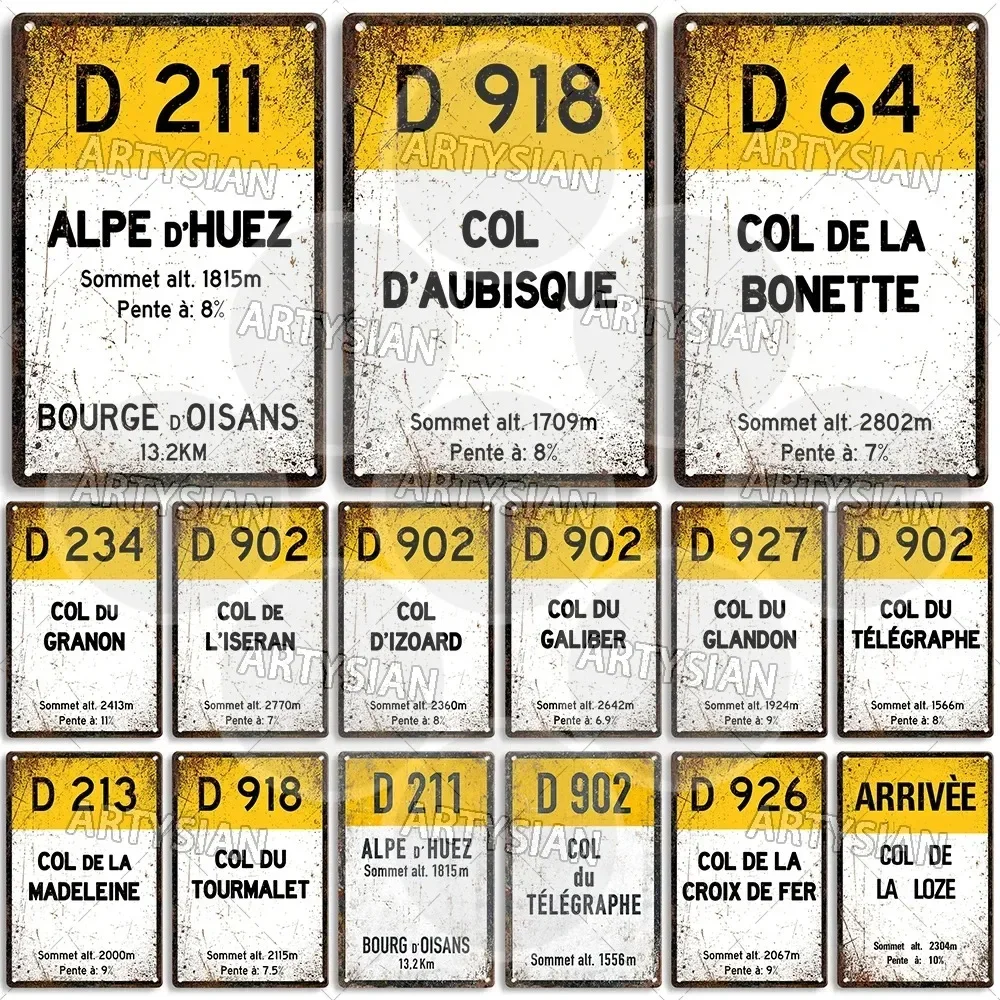 Letrero de metal para ciclismo Tour De France: características de ALPE D'HUEZ y otros colores famosos, ideal para decoración de entusiastas del ciclismo