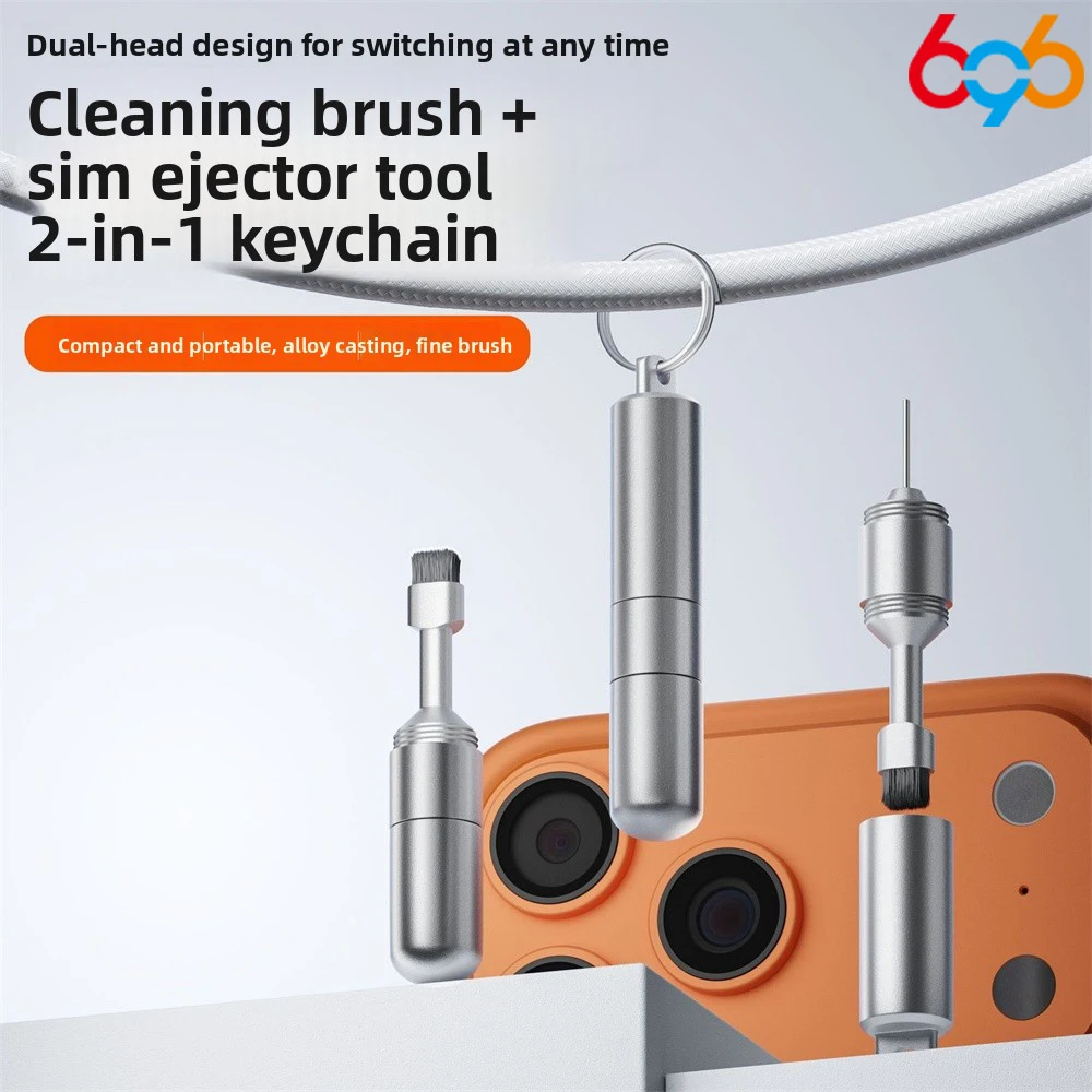 2 In 1 SIM Card Tray Removal Tool Portable Mini Keychain Eject Pins Multi-functional Aluminum Alloy Earphone Cleaning Pen Brush