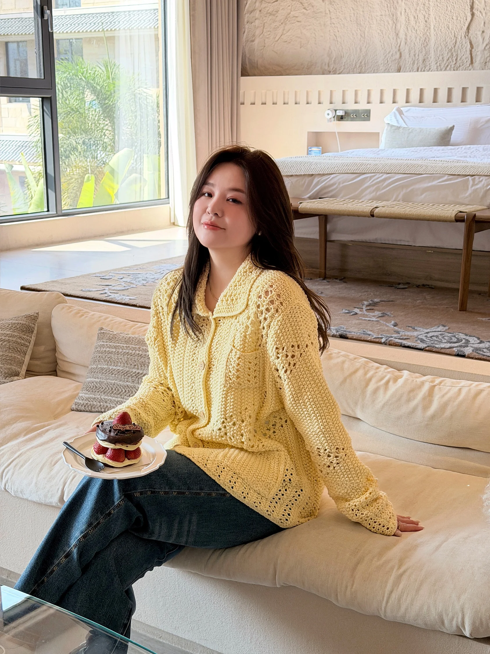 

Geometric Hollow out Large Size Sweater with Collar Long Sleeve Cotton Blend Spring Fashion Women's Open Cardigan Yellow