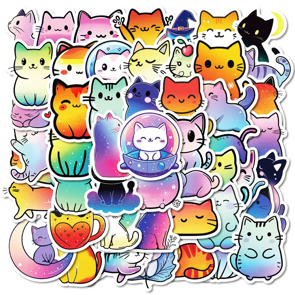 50Pcs New Hot Selling Colorful Cat Doodle Stickers - Creative Gradient Color Decals LanLanStickersWorld Store