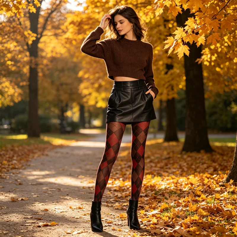 Spring Autumn Retro Rhombus Plaid Pantyhose for Women Slim Fit Striped Patchwork Sheer Stockings, 80D Opaque One-Piece Tights