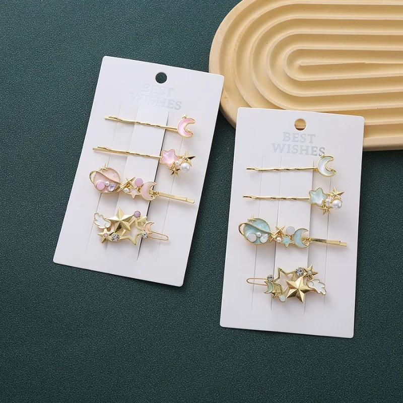 

Изысканный набор из 4 заколок для волос небесного цвета со звездой и луной Comet, блестящие заколки для волос, нескользящие заколки для женщин и девочек, повседневный подарок на вечеринку