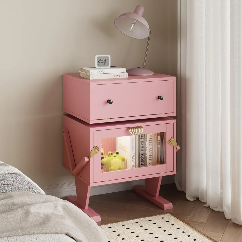 royalcraft large nightstand with led lighs, pink end table with 360°rotating drawer, modern bedside table with storage, wood nig