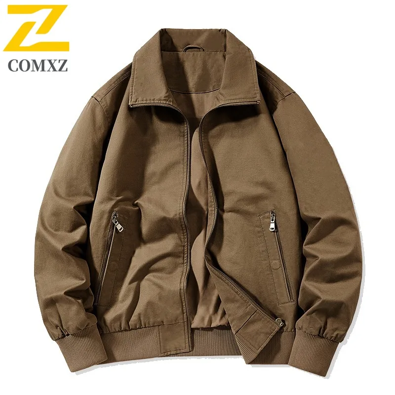 COMXZ Spring Autumn Lapel Washed Jacket American style Men Outdoor Multi Pocket Workwear Top Loose Fit Big Size Casual Coat 2025