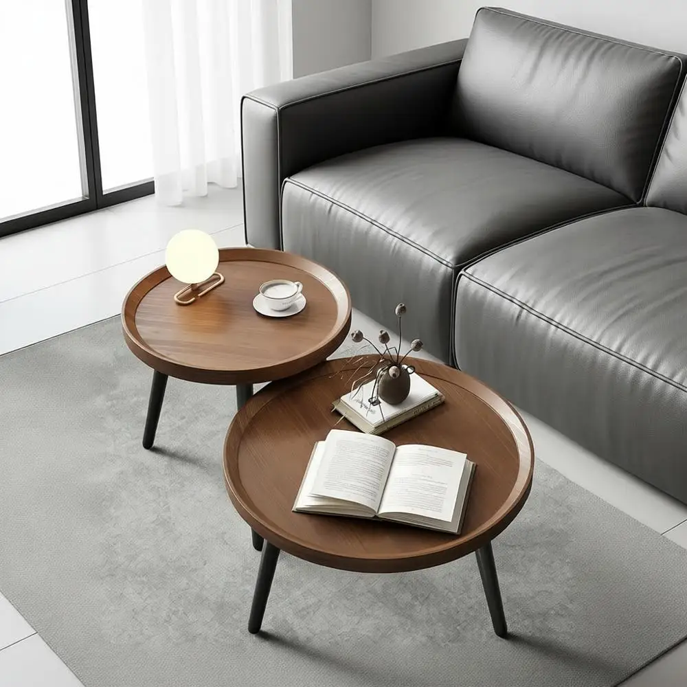 Small Round Coffee Table Set, Living Room, Walnut Nesting Tables, Easy Assembly Circle Wood Center Table, Black Nesting Coffee T