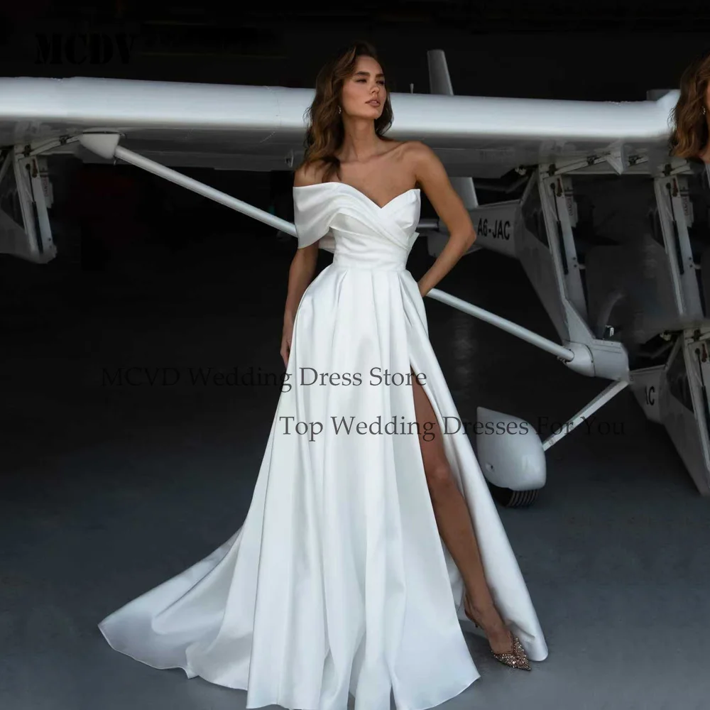 

MCDV Satin Strapless A-Line Wedding Dresses Backless Corset Evening Dress For Women Plus Bride Gown vestidos de novia Customized