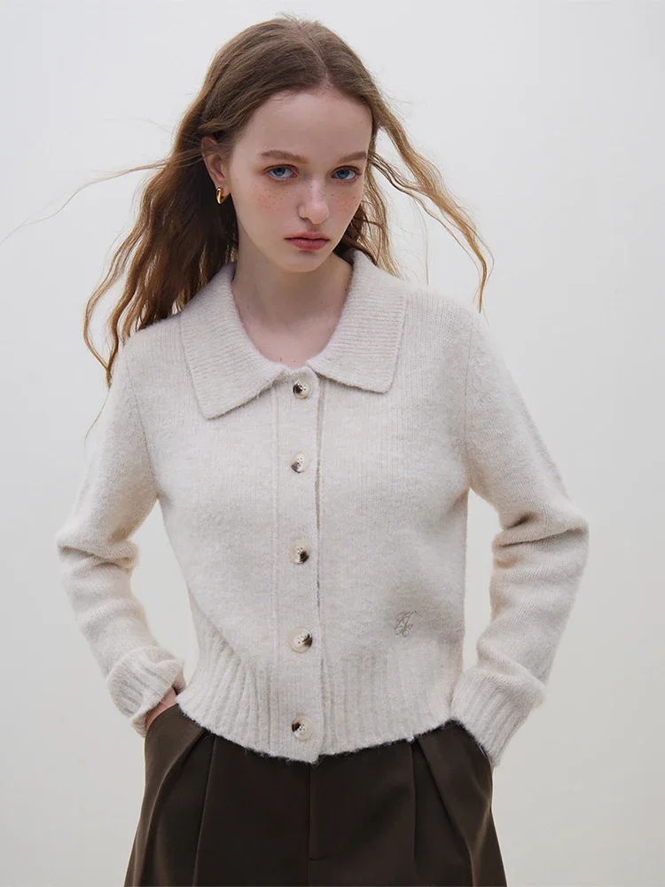 FSLE 6.5% Wool Women Polo Neck Short Warm Grey Sweater Cardigans Winter New Single Breasted Commuter Sweaters Gentle Beige Top