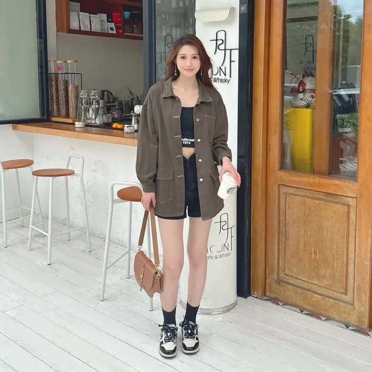 

Denim Coat Girls Womens Autumn Grid Plaids Standneck Waist-Cinching Double-Faced Notched Ins Striped Preppy Style Asymmetrical