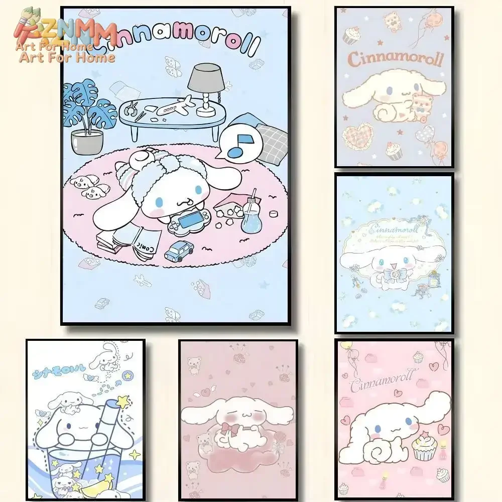 3PCS Cinnamoroll Canvas Poster Cute Cartoon Long Eared Dog Gaming Cake Wall Art Print Girls Bedroom Unframed Painting
