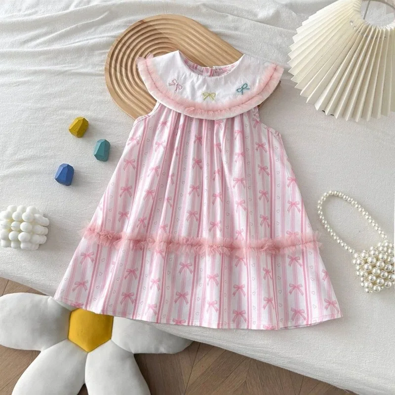 2026 Summer New Sweet Big Collar Princess Dress for Girls Childrens Baby Bow Printed Sleeveless Dress Fashionable Stylish