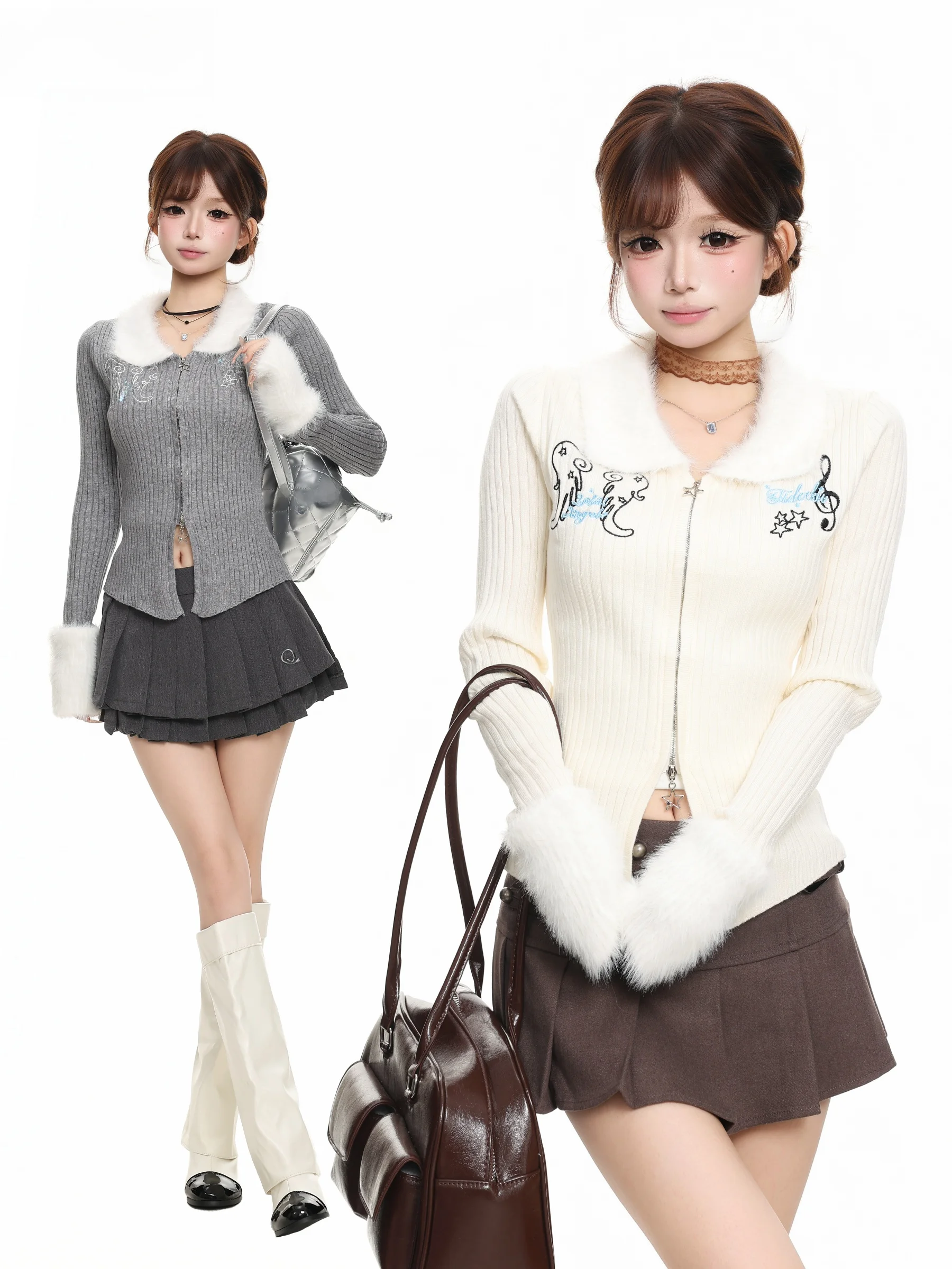 BASTERDS Korean Style Furry Splice Collar Knitted Open Cardigan Women's Slim Fit Autumn Fashion Sweater Jacket Breathable