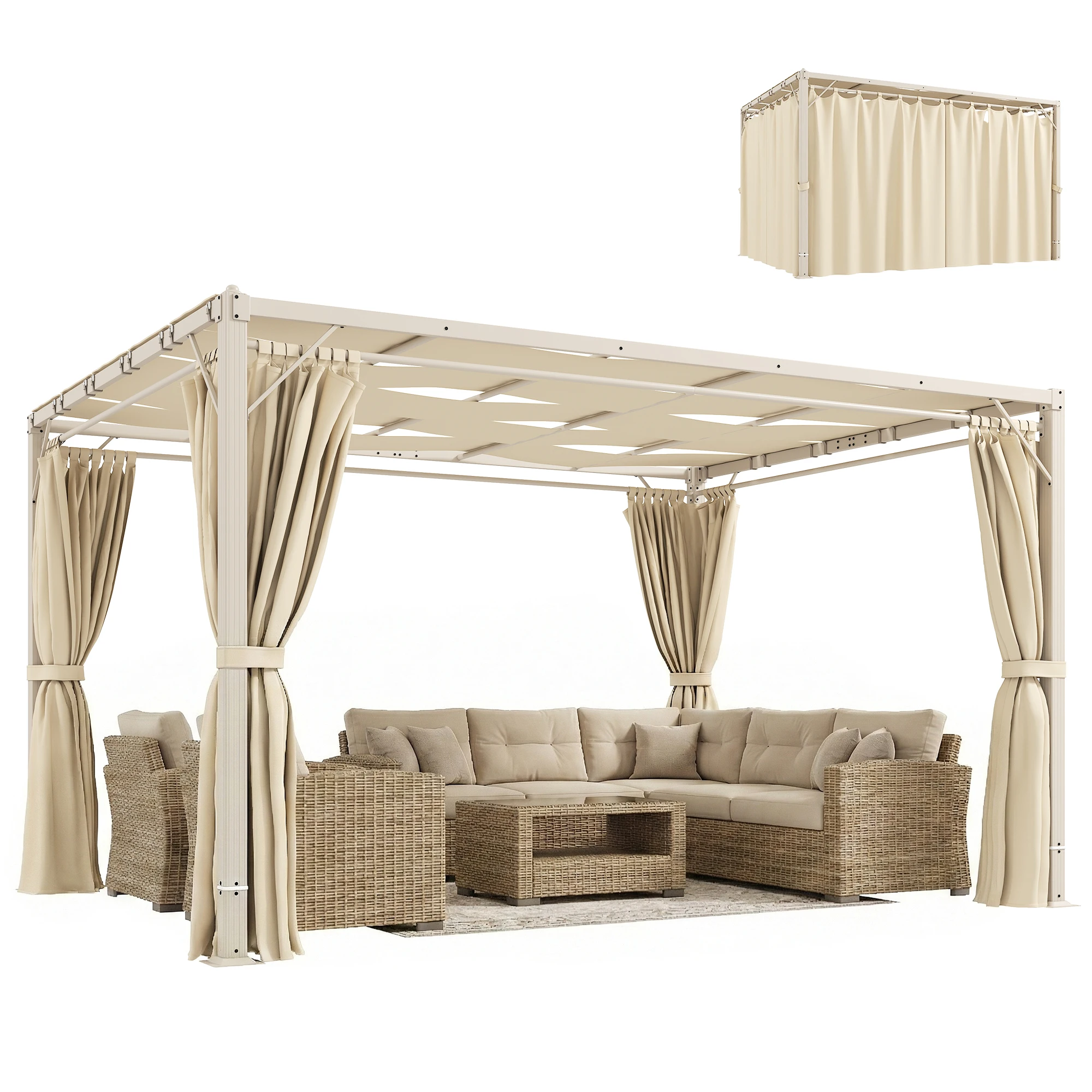 Pérgola de Jardín 3x4 m con Protección UPF 50+, Gazebo con Cortinas, Estructura de Acero para Sombra Exterior, Beige - Pérgola