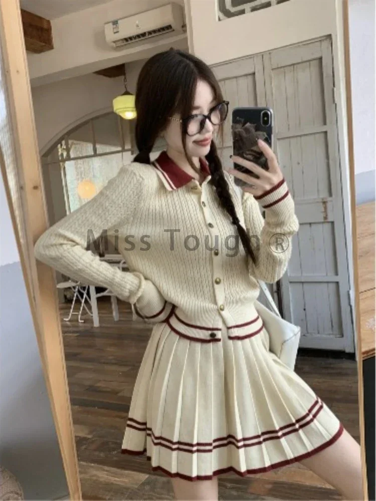 Preppy Style Vintage Knit 2 Piece Set Women Retro Lapel Sweater Tops Mini Pleated Skirt Contrast Color Casual Skirt Suit 2024