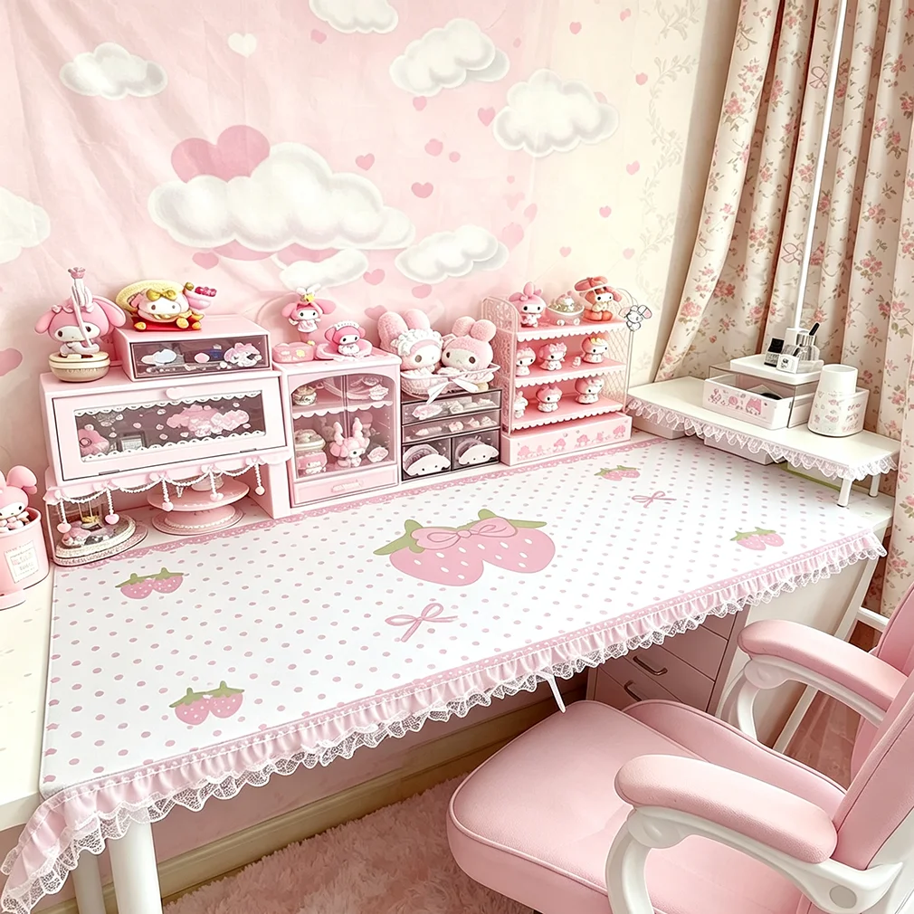 

Leather Desk Pad Protector Pink Polka Dots Cherry Angel Wings Mouse Pad Office Desk Mat Waterproof Non-Slip PU Desk Blotter Pad