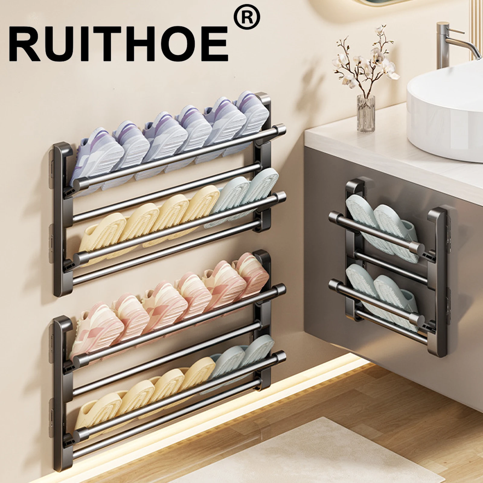 

2025 Bathroom slipper rack wall-mounted non-punching toilet door shoe rack drain multi-functional folding shoe storage rack