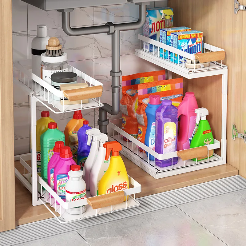 2 Tier Under Sink Organizer Sliding Cabinet Basket Organizer Storage Rack with Hooks Hanging Cup Bathroom Kitchen Organizer