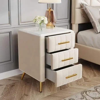 Image Nightstand with Drawers Set, Upholstered Wood Bedside End Table with Marbling Top, Nightstand