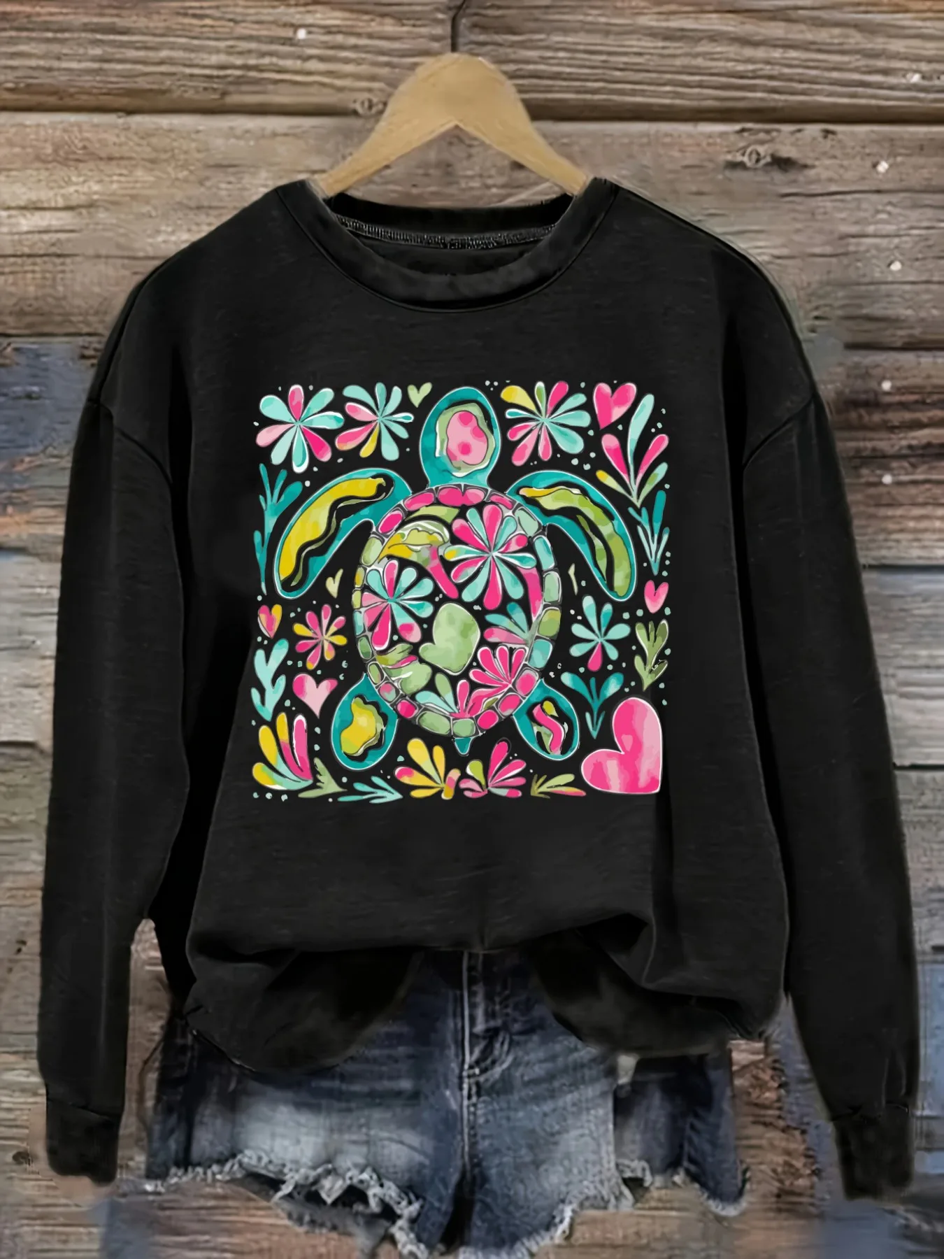 Women's Casual Long Sleeve Crew Neck T-Shirt Colorful Floral Turtle Graphic Print Design, Round Neck Women's Clothing, Machine Washable, Slightly Elastic, Loose Fit, Spring Autumn Winter Women's T-Shirt, Halloween Costume Outfit