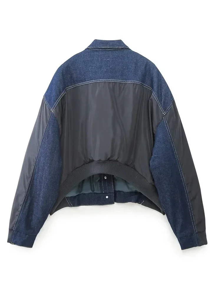 

New Fashion Women Vintage Patchwork Denim Bomber Jacket Long Sleeve Front Flap Pockets Female Loose Coat