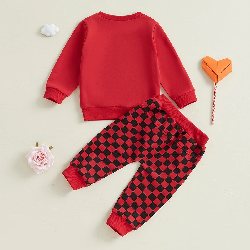 Baby Toddler Boys Valentines 2 Pcs Day Outfit Letters Car Print Tracksuit Sweatshirt Plaid Pants Set Children's Clothing