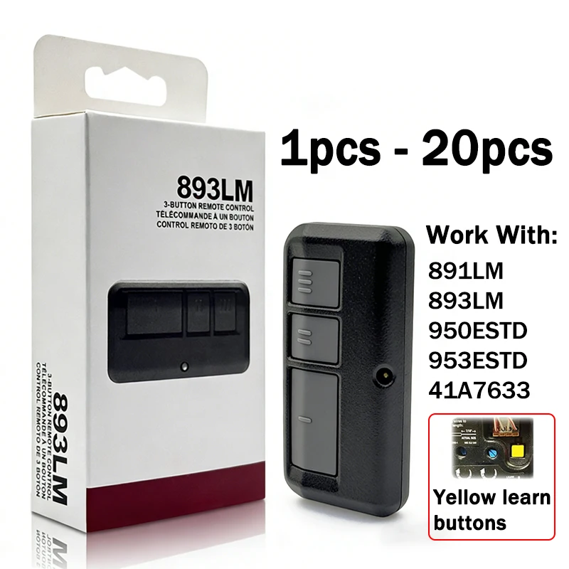 

For 891LM 893LM 950ESTD 953ESTD 41A7633 Remote Control Garage Door Opener Work With 310MHz 315MHz 390MHz Yellow learn buttons