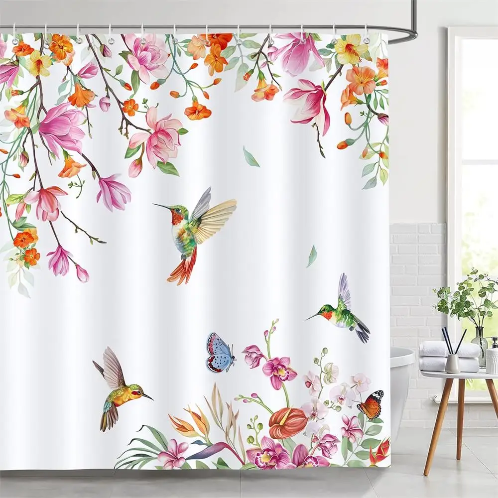 Floral Shower Curtain Butterfly Hummingbird Green Eucalyptus Leaves Watercolour Flowers Plants Bath Curtains Home Bathroom Decor