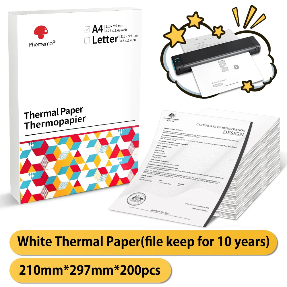 Phomemo A4 Thermal Paper Compatible Thermal Paper for Phomemo M08F Portable A4 Thermal Printer for, Printer Paper, 200-Sheets