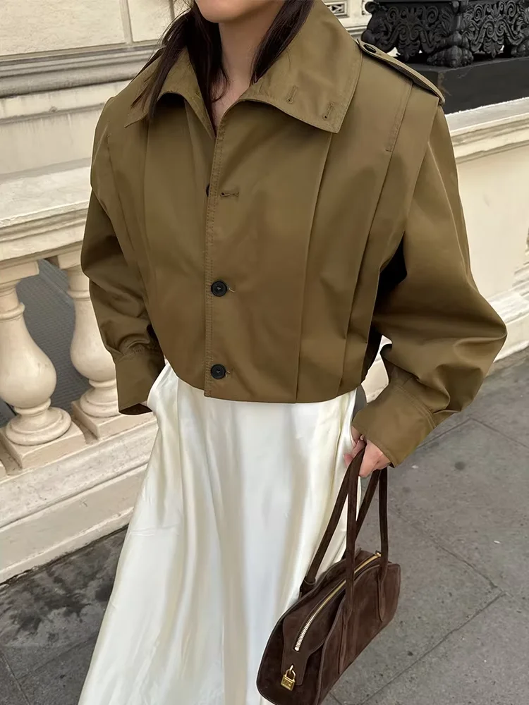 

Casual Lapel Collar Jacket Women's Brown Single-breasted Female Short Coat Spring Solid Lady Pockets Streetwear 2025 New