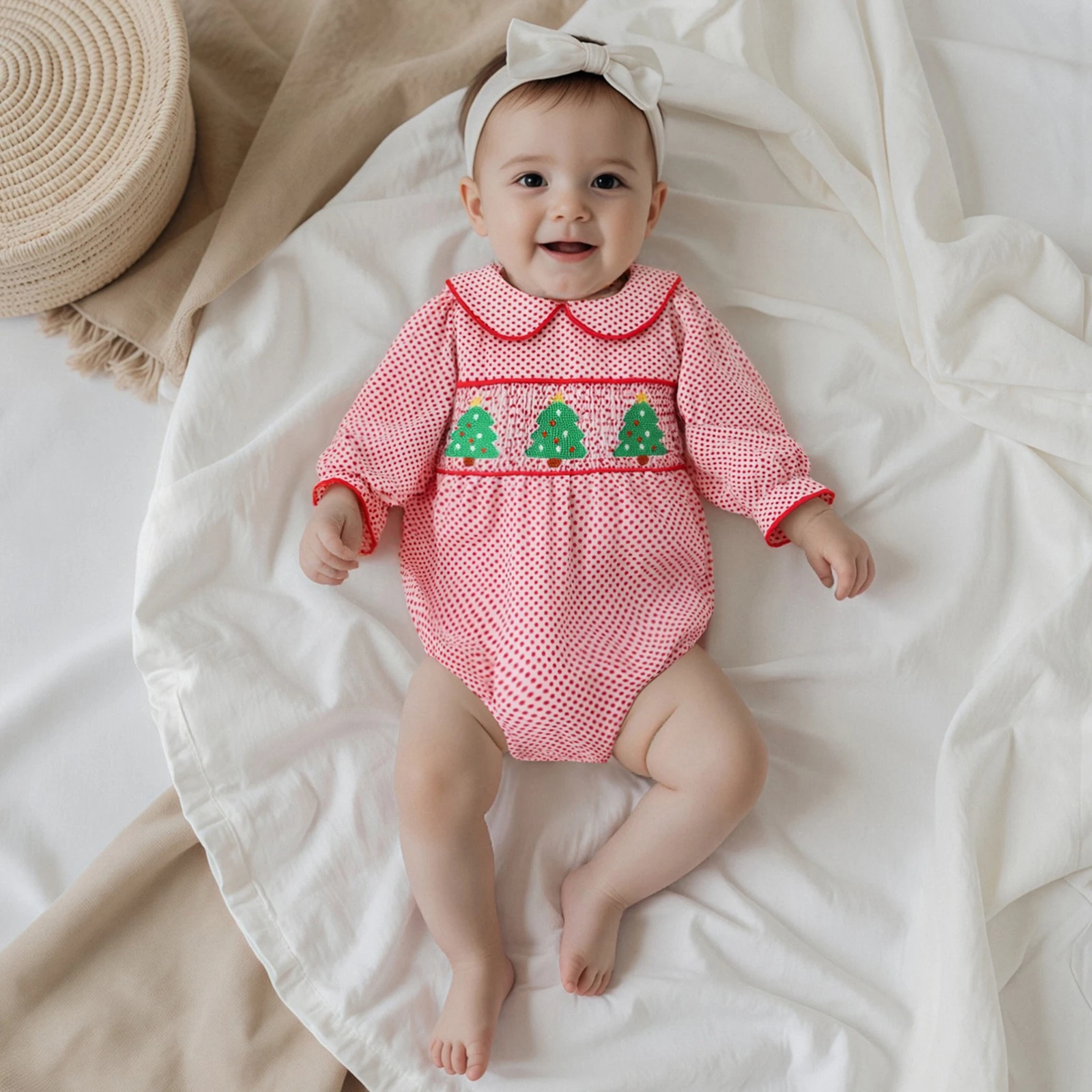 طفل الفتيات عيد الميلاد رومبير نقطة طباعة شجرة التطريز طويلة الأكمام دمية طوق بذلة