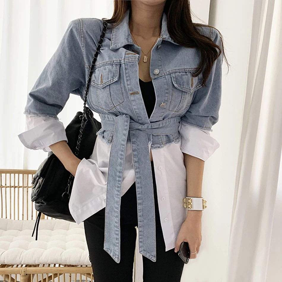 Button Up Patchwork Long Denim Tops Women 2021 Spring Summer Autumn New Fashion OL Casual Jeans Shirts Female Cheap Wholesale