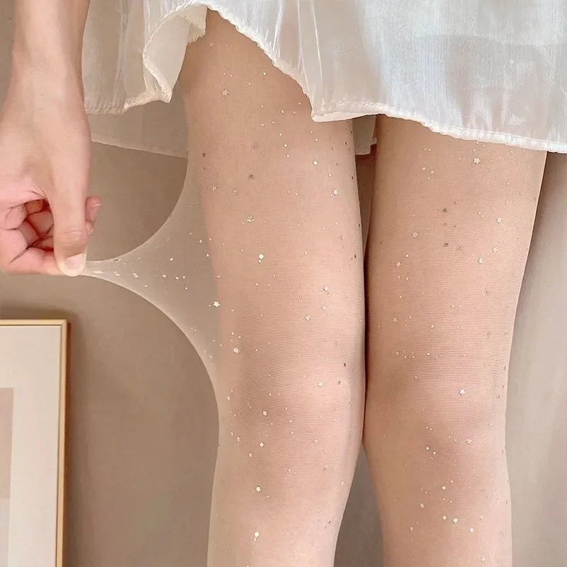Sommerliche Dünne Strumpfhose mit Glitzer Glänzende Strümpfe Weiß Schwarz Beige Seiden-Lange Strümpfe Socken für Damen und Mädchen
