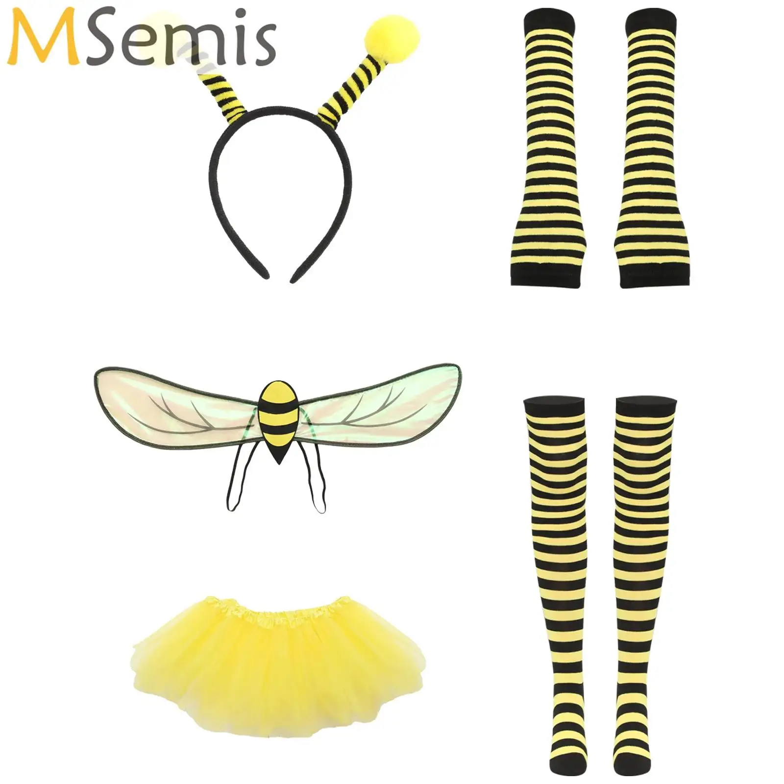 

Women Halloween Cosplay Set Halloween Bee Xmas Costumes Mesh Skirt with Wings Headband Gloves Socks for Role-playing Accessories