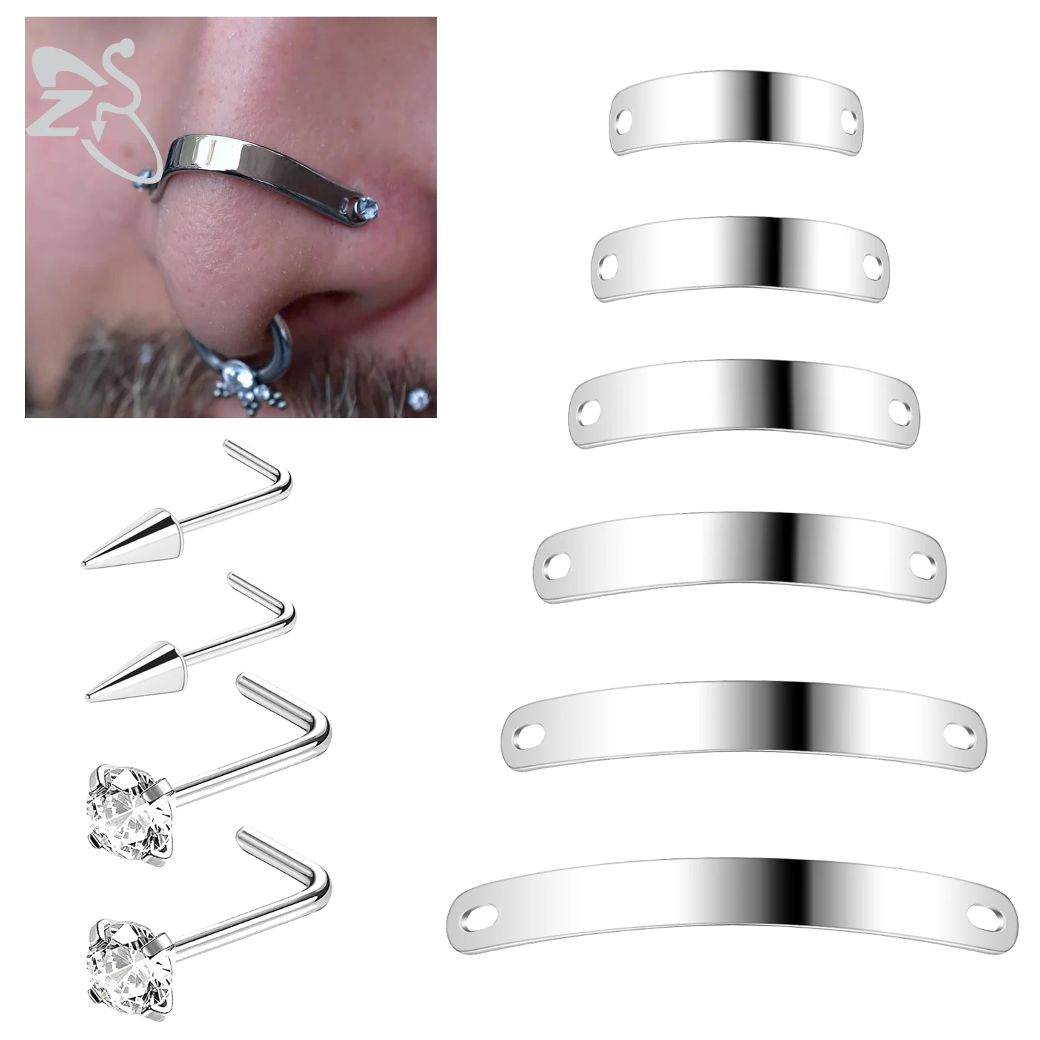 ZS-Piercing de puente ajustable, accesorio de acero inoxidable con punta de cristal, joyería para la nariz, 24/30/35/40/45MM, 3 unidades por lote