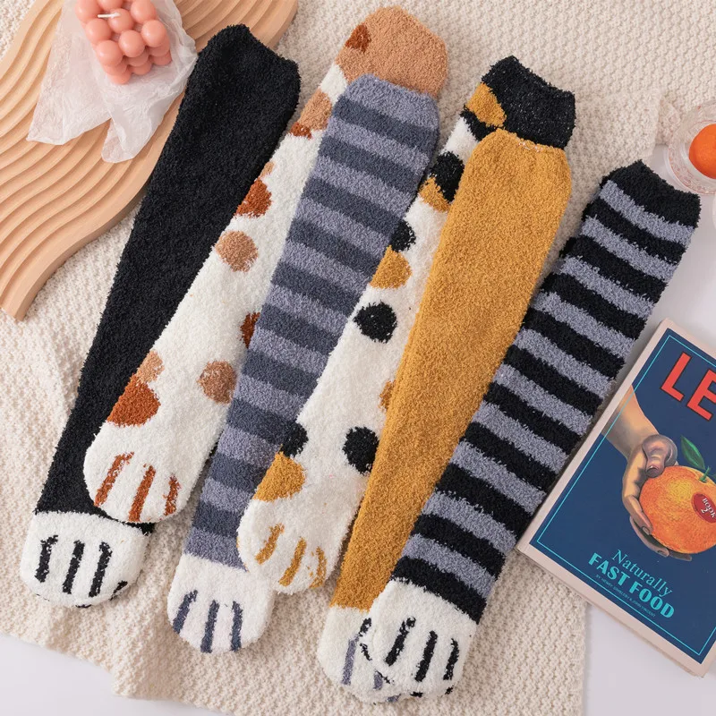 Cat Paw Winter Socks Long Stripe Cute Floor Sleep Thick Girls Cartoon Animal Fingers Warm Sock For Women Hosiery Cat Foot Knee