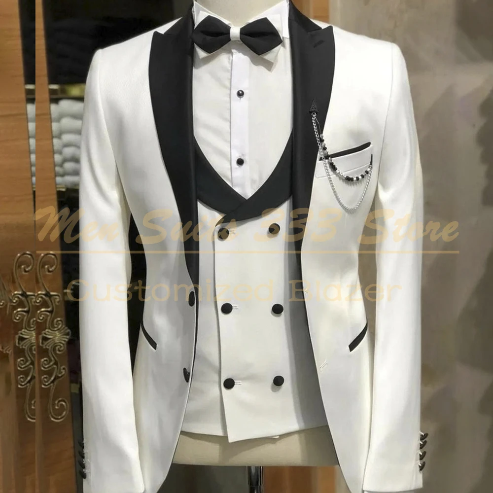 

KSDN Elegant White Wedding Men's Suits 3 Piece Jacket Pants Vest High Quality Single Breated Peak Lapel Slim Fit Male Clothing