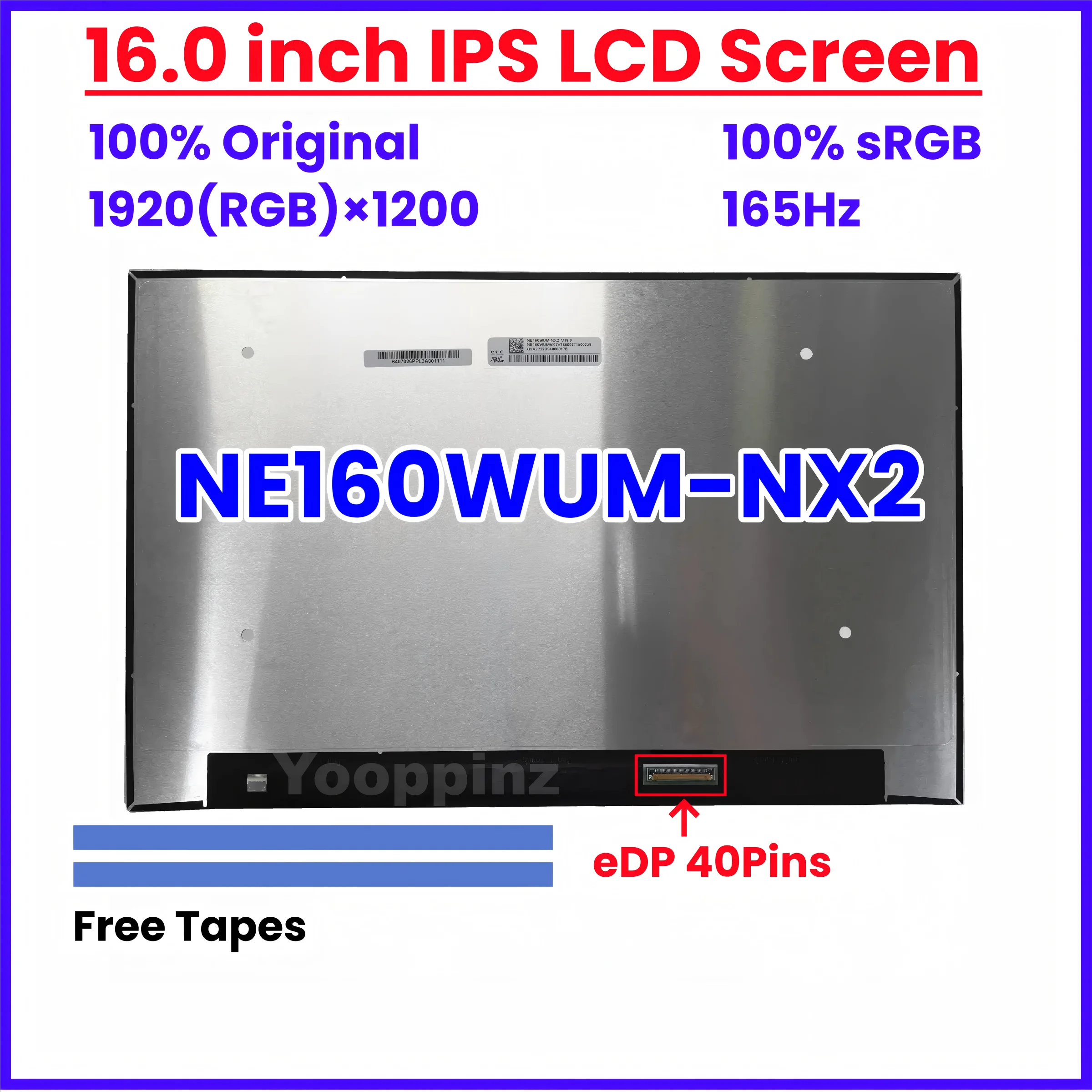 16 Inch 165Hz Laptop LCD Screen NE160WUM-NX2 V18.0 NE160WUM NX2 Display Matrix Panel Replacement 1920x1200 100%sRGB eDP 40 Pins