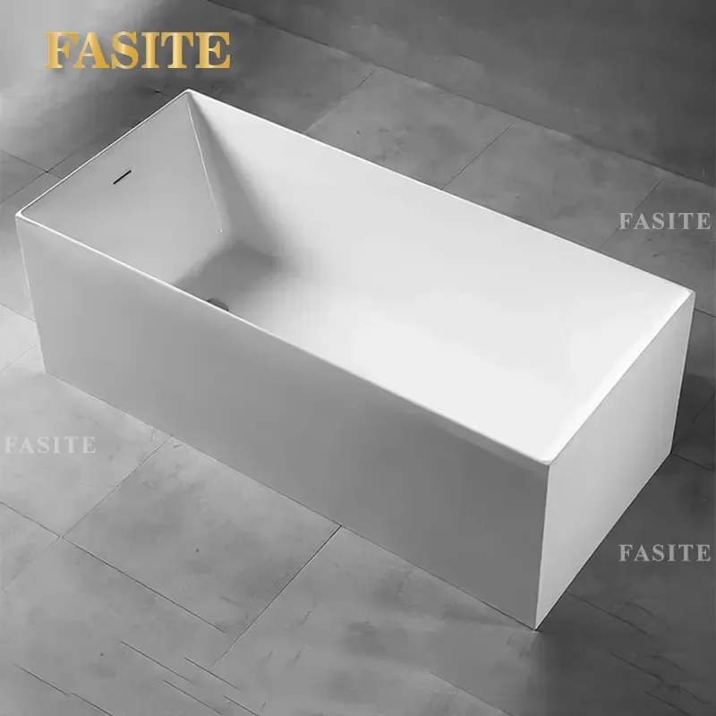 Luxury Modern Pure White Rectangular Freestanding Acrylic Soaking Bathtub Deep Spa Tub for Home Hotel Bathroom Relaxation