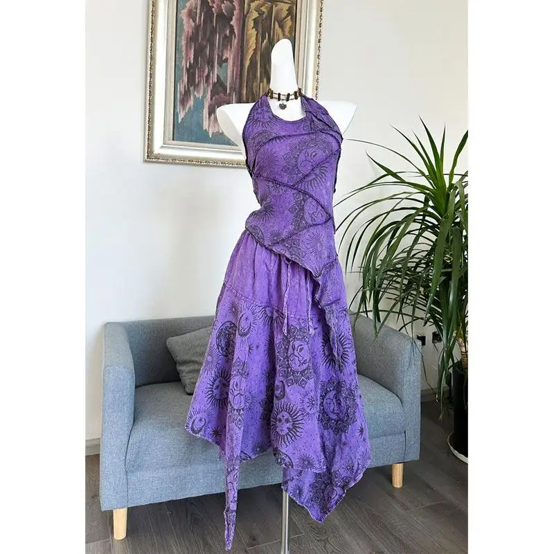 

Purple Dress Summer New Style Temperament Socialite High-end Sense Unique Hanging Neck Fake Two-piece Set Female Clothing