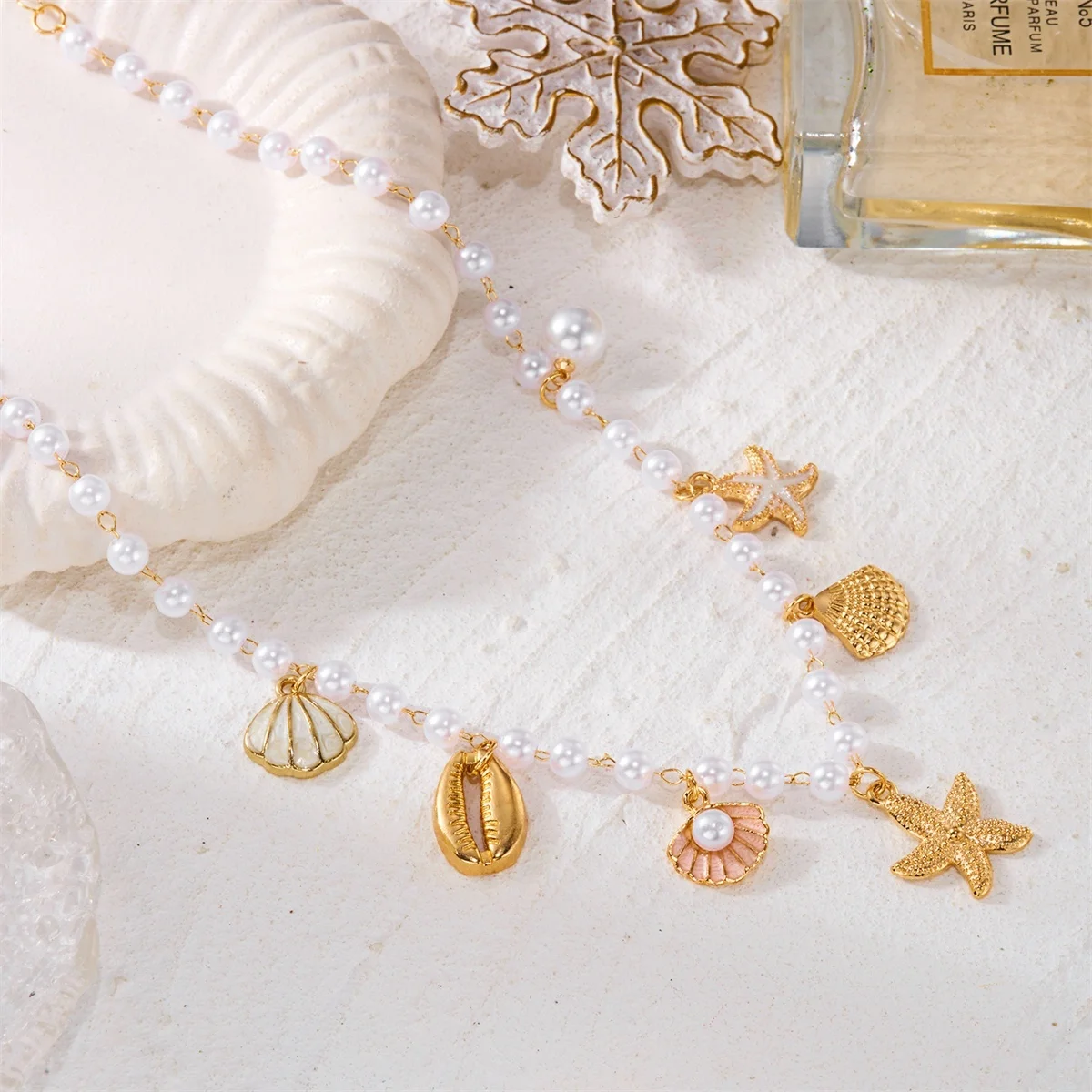 Boho Seestern Muschel Seepferdchen Hummer Anhänger Halskette für Damen und Herren, unregelmäßige Imitationsperle, Ozean-Strand-Choker-Schmuck – Detail 17