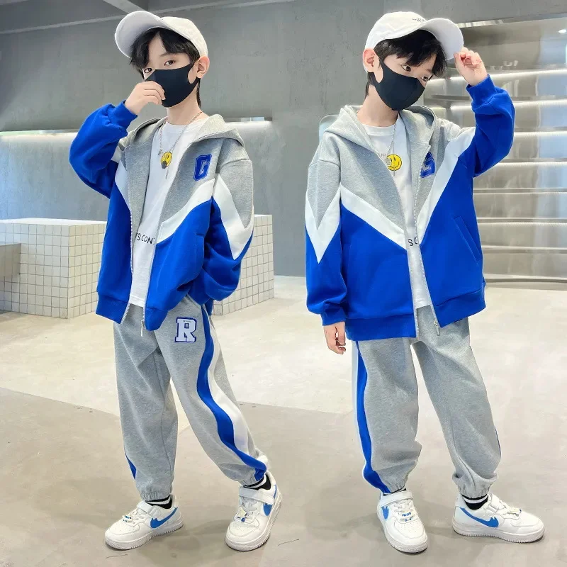 

Boys Spring Autumn Clothing Sets 2024 New Fashion Hooded Patchwork Letters Print 2 Pieces Children's Outfits Teenager Clothes