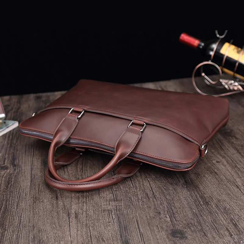 Briefcases Handbag Man's Portable Computer Bag PU Leather Laptop Business Commuting Zipper Crossbody Retro Shoulder Bags Y141A