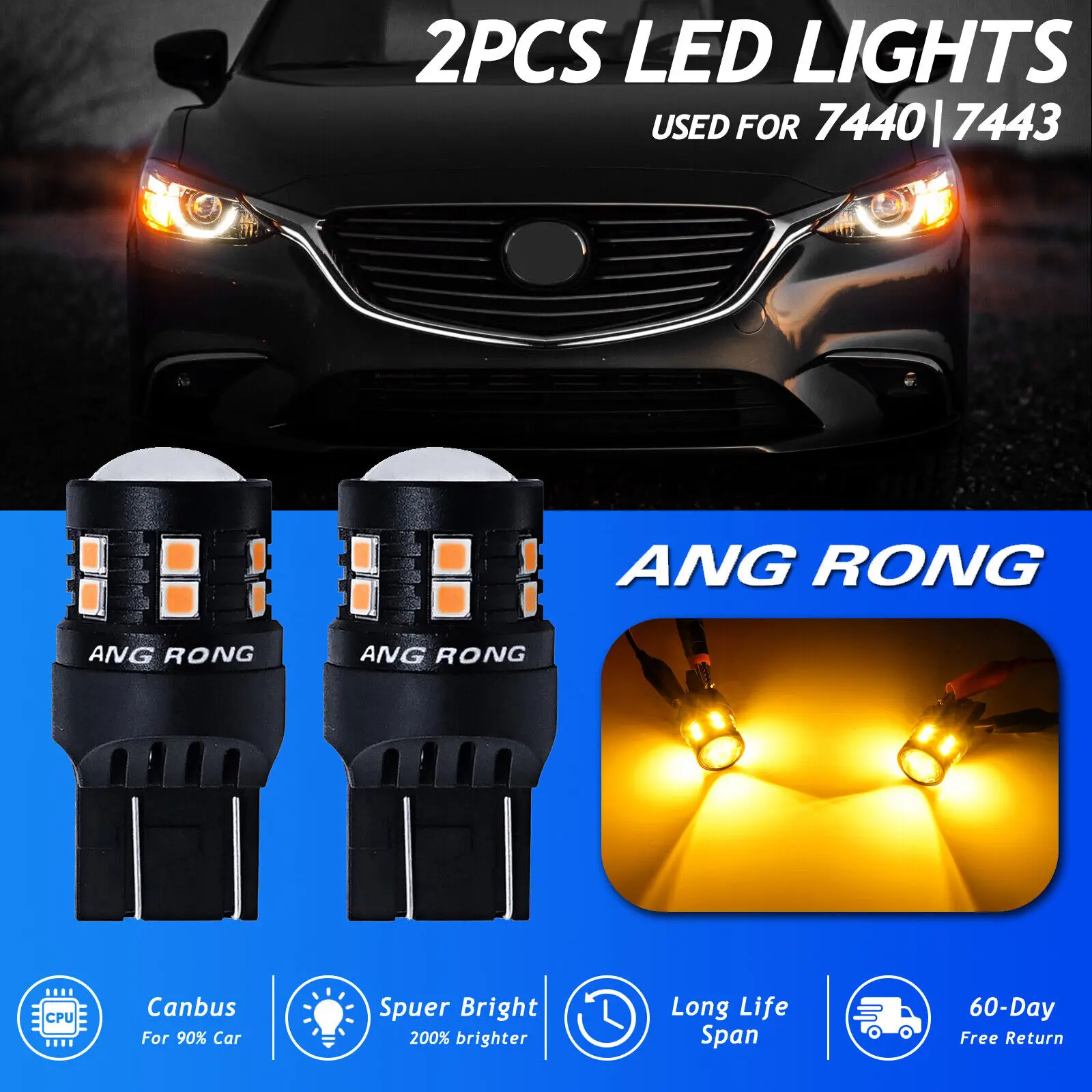 

2x Amber 7443 580 W21/5W 582 W21W 15 SMD LED лампы для передних, задних, боковых фонарей, дневных ходовых огней и указателей поворота