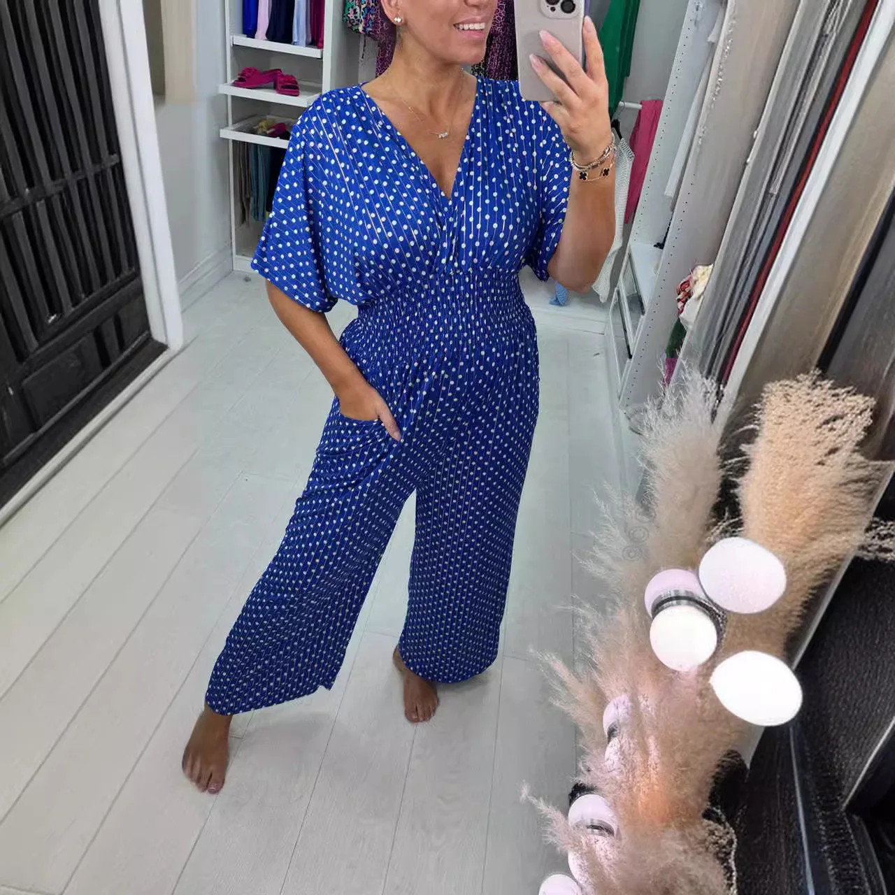 Elegante Sommer V-ausschnitt Sexy Dolman Ärmeln Taille Schlank Polka Dot Print Overall Casual Frauen Breite Bein Hosen Overall 2025