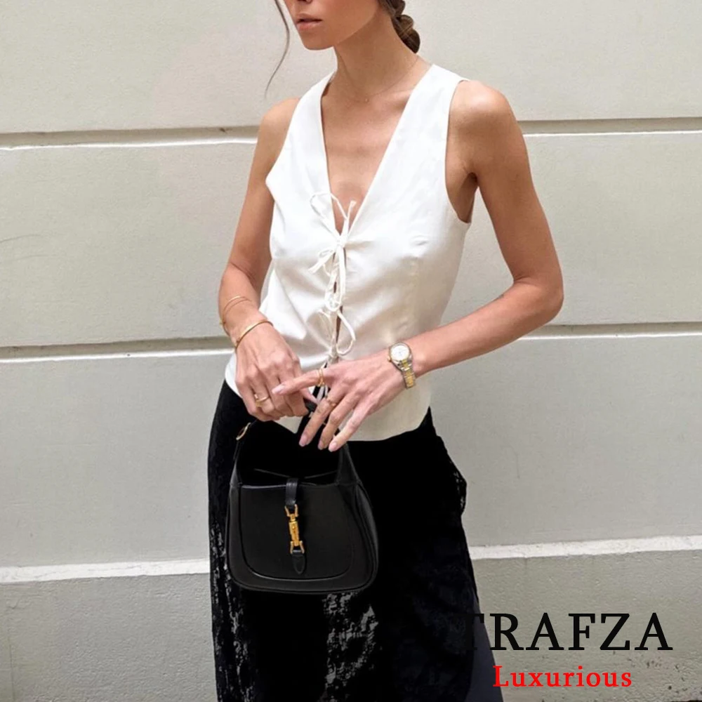 TRAFZA Casual Beige V Neck Sleeveless Vest Women Bow Tie Straight Tops Women Fashion 2024 Summer Streetwear Sexy Tank Tops