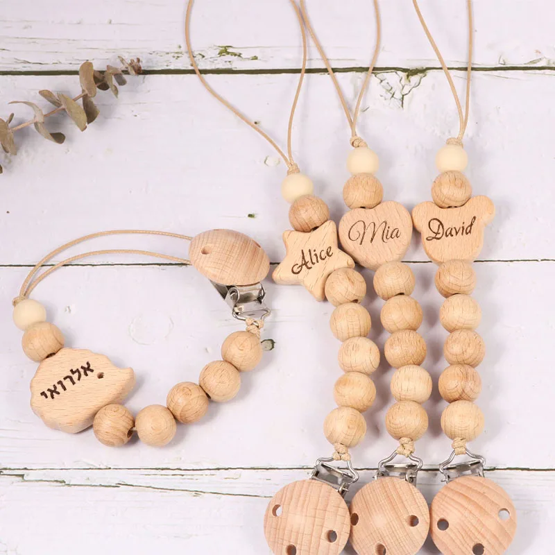 Custom Name Wooden Personalized Baby Pacifier Chain Bead Dummy Nipple Holder Guard Teether Pendant  Newborn Gift Stuff