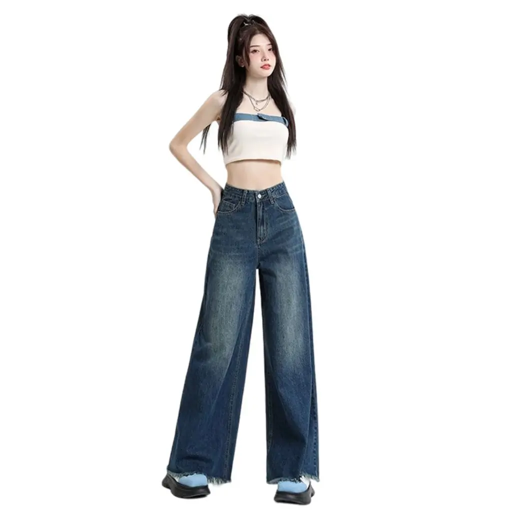 

Women's Washed Retro Subculture Wide Leg Jeans Black Grey Sweeping Pants Elephant Leg Large Foot Edge Casual Trousers