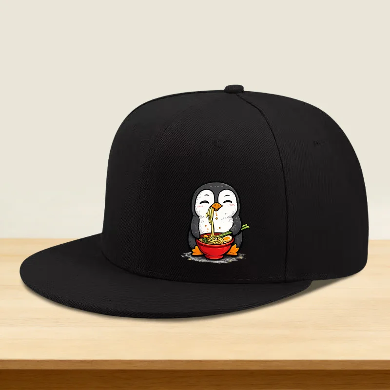 1 Hip-hop Hat Featuring an Adorable Penguin Eating Ramen Print, with a Flat Brim and High Crown. Designed for Men and Women in a