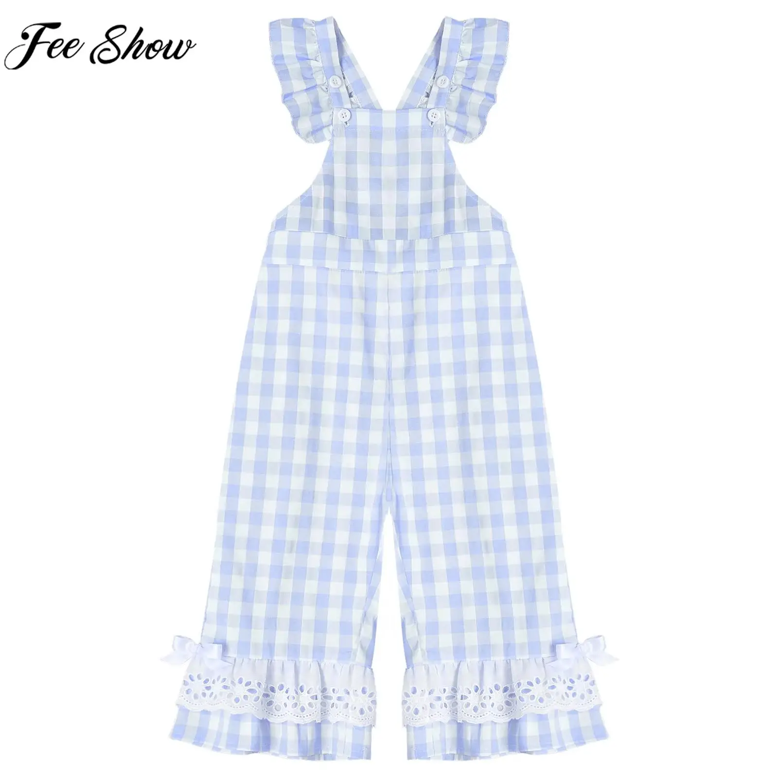 Children Girls Sleeveless Lace Plaid Bell-Bottom Jumpsuit Overalls Summer Casual Adjustable Pants Daily School Party Home Wear
