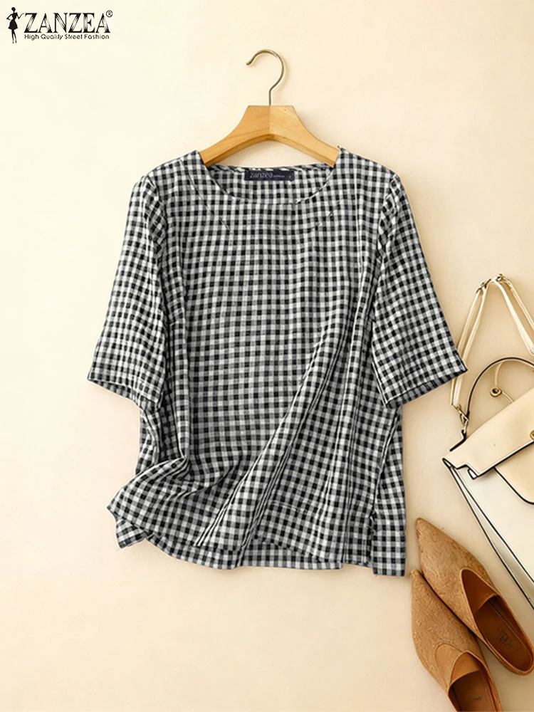 

ZANZEA, весенне-летние повседневные женские блузки в клетку с круглым вырезом и половиной рукавов, клетчатые топы, повседневная одежда, дышащая женская одежда, S-3XL