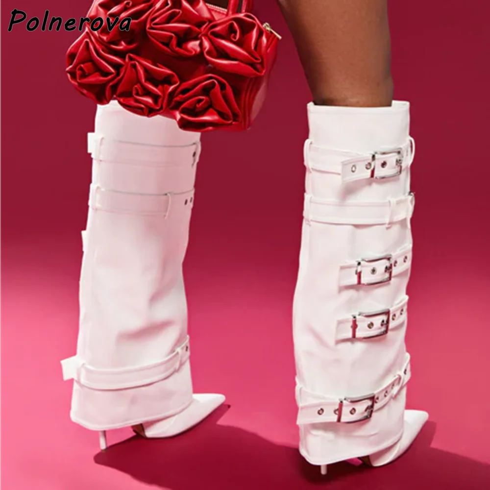White Buckle Belt Boots Turn Over Edges Wide Calf Pointy Toe Thin Heels Pleated Winter Shoes Concise Fashion Knee High Boots